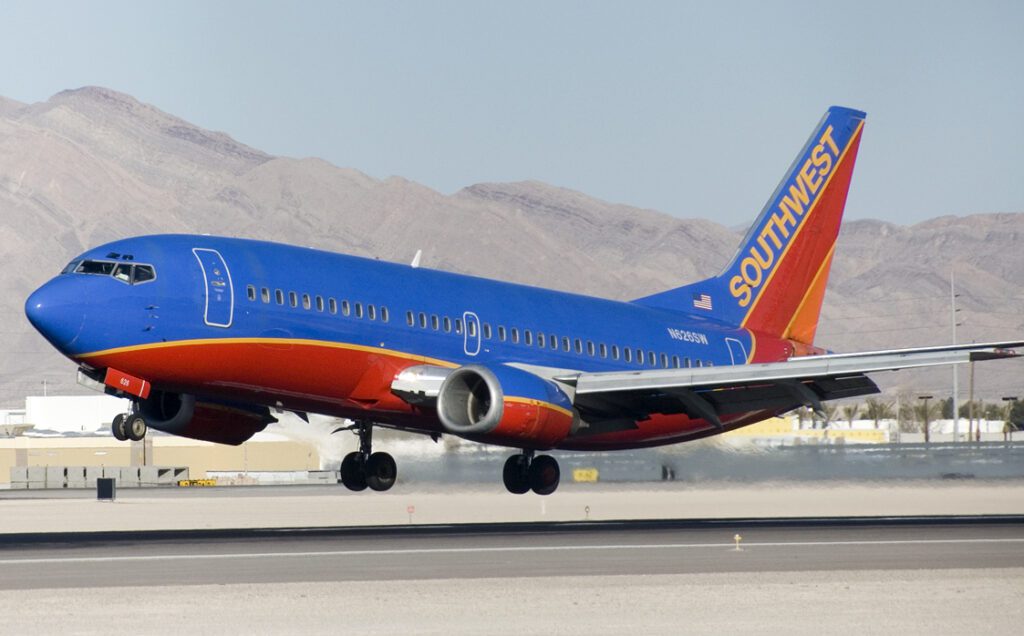 The aircraft is painted in Southwest's canyon blue primary livery.